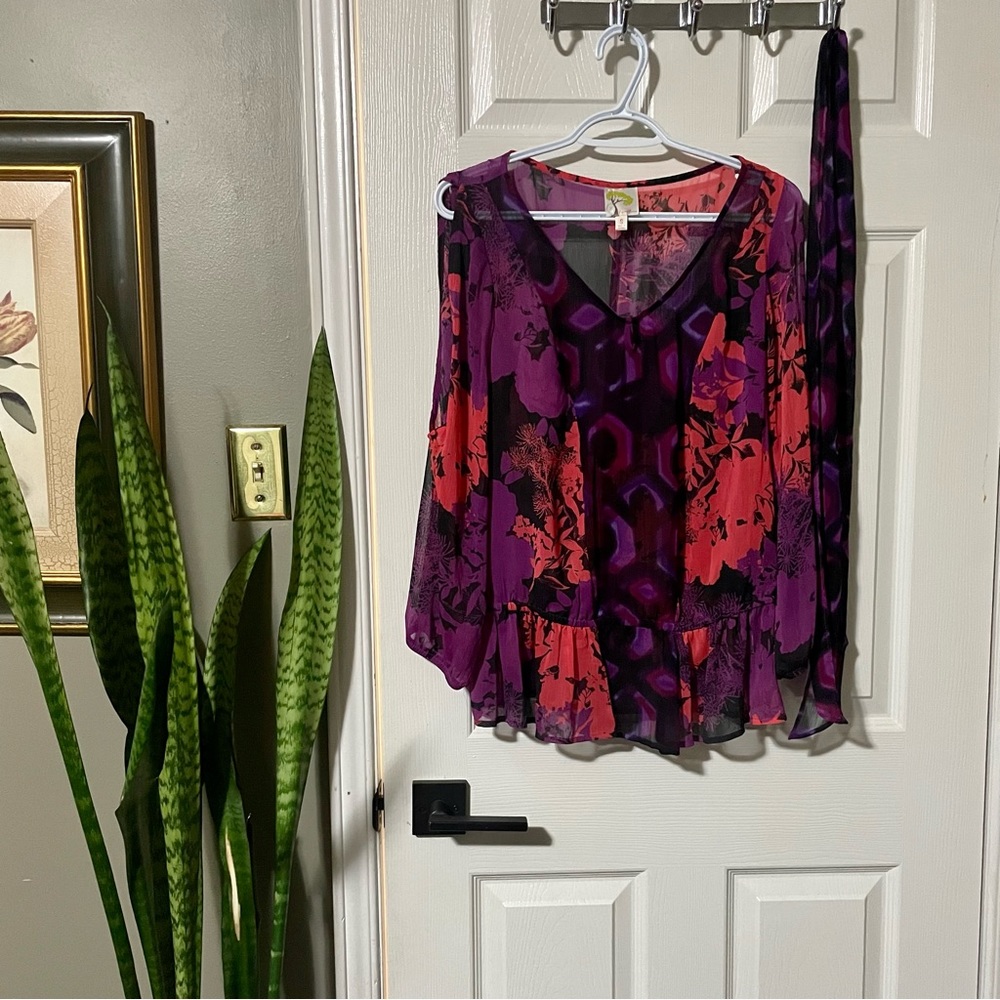 Fig and Flower Off Shoulder Blouse with Removable Belt and Front Keyhole